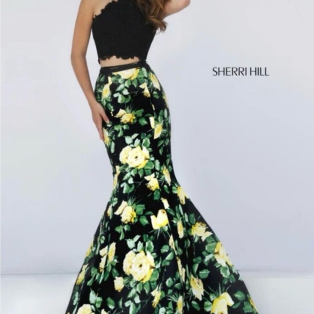 Sherri Hill Halter Two Piece Black and Yellow Floral Dress